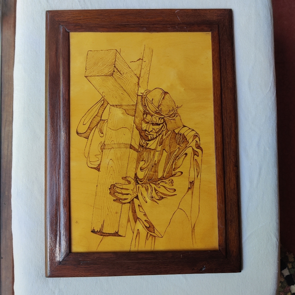 Christ Carrying The Cross Pyrography Wood Burned Wall Art Framed Handcrafted VTG